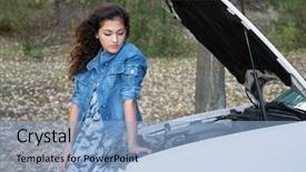 Presentation with woman car driver map - Amazing PPT theme having fault tree - woman with broken car inspecting backdrop and a light blue colored foreground