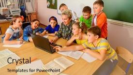  Presentation with teacher and students - PPT theme enhanced with favorites - favorite teacher portrait of students background and a yellow colored foreground