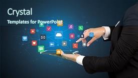  Presentation with hand touching finger digital - Slide deck enhanced with favourite - female hand touching tablet background and a  colored foreground