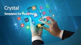  Presentation with colorful hand prints - Presentation design enhanced with favourite - female hand using smartphone background and a  colored foreground