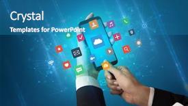  Presentation with colorful hand prints - Amazing presentation design having favourite - female hand using smartphone backdrop and a  colored foreground