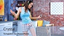  Presentation with listening woman - Presentation design with favourite - happy young woman in headphones background and a  colored foreground