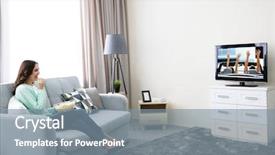  Presentation with home - Cool new PPT theme with favourite film - young beautiful woman watching tv backdrop and a gray colored foreground