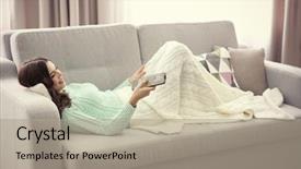  Presentation with man watching woman preparing vegetables - PPT theme with favourite film - young beautiful woman watching tv background and a mint green colored foreground