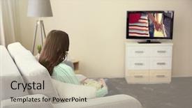  Presentation with man watching woman preparing vegetables - Slide set consisting of favourite film - young beautiful woman watching tv background and a light gray colored foreground