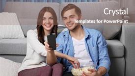  Presentation with floor - PPT theme consisting of favourite film - young couple watching tv background and a coral colored foreground