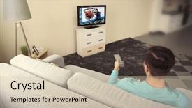  Presentation with watching tv - Audience pleasing slides consisting of favourite film - young handsome man watching tv backdrop and a  colored foreground