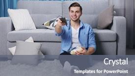  Presentation with floor - Slide deck enhanced with favourite film - young handsome man watching tv background and a gray colored foreground