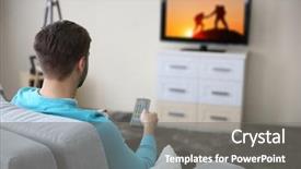  Presentation with home - PPT layouts featuring favourite film - young handsome man watching tv background and a gray colored foreground