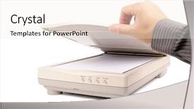  Presentation with loading - Audience pleasing presentation design consisting of fax machine - office worker loading document page backdrop and a sky blue colored foreground