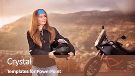  Presentation with active lifestyle - Beautiful PPT theme featuring fazl motor - beautiful biker girl standing backdrop and a tawny brown colored foreground