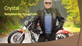  Presentation with open road motorcycles - Amazing PPT theme having fazl motor - mature biker in leather jacket backdrop and a tawny brown colored foreground