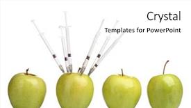  Presentation with green apples - Theme featuring genetic manpulition - green apples and syringes isolated background and a white colored foreground