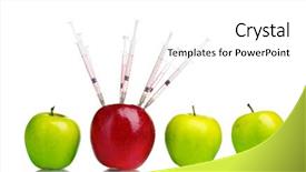  Presentation with fresh water splash green apple isolated white - Theme with genetic manpulition - juicy apples and syringes isolated background and a white colored foreground