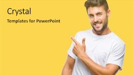  Presentation with finger - Audience pleasing slide set consisting of fe love esperanza - young handsome man over isolated backdrop and a yellow colored foreground