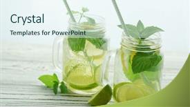  Presentation with green glass - Theme having feaness - few glass jar cups background and a sky blue colored foreground