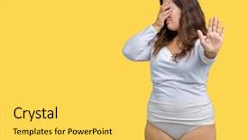  Presentation with plus size fashion model - Colorful slide deck enhanced with fear expression embarrassed and negative backdrop and a  colored foreground