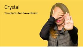  Presentation with woman sad - Slide deck having fear expression embarrassed and negative background and a  colored foreground