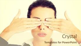  Presentation with eyes - Beautiful slides featuring fear not - attractive businesswoman covering her eyes backdrop and a  colored foreground
