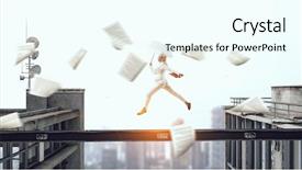  Presentation with difficulty - Colorful presentation design enhanced with fearless businesswoman overcoming difficulty mixed backdrop and a cool aqua colored foreground