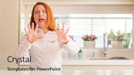  Presentation with panic - Amazing slide deck having fears - redhead woman at kitchen afraid backdrop and a lemonade colored foreground