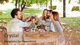  Presentation with toasting - Slide set having feast - group of young friends toasting background and a coral colored foreground