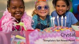  Presentation with happy birthday cake - PPT theme featuring feather candle - portrait of happy children background and a soft green colored foreground