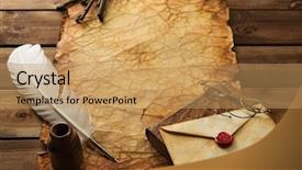  Presentation with old paper ink - Amazing presentation design having feather ink - writing accessories and bunch backdrop and a coral colored foreground