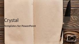  Presentation with old page - Presentation design featuring feather pen and blank notebook background and a soft green colored foreground