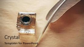  Presentation with feather pen - Presentation theme having feather pen and inkwell background and a coral colored foreground