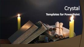  Presentation with old books pen - Colorful slide deck enhanced with feather pen inkwell and candle backdrop and a dark gray colored foreground
