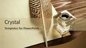  Presentation with feather pen - PPT theme with feather pen with inkwell background and a coral colored foreground