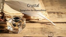  Presentation with feather pen - PPT theme consisting of feather pen with inkwell background and a coral colored foreground