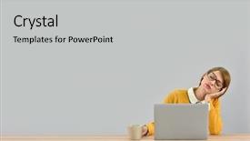  Presentation with young man holdng laptop on lap money - PPT theme enhanced with fed - working girl in front background and a light gray colored foreground