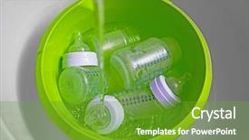  Presentation with green chemistry dropper bottles - Colorful PPT theme enhanced with feed supplement - sterilizing baby bottles in plastic backdrop and a tawny brown colored foreground