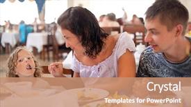  Presentation with dinner invite - Beautiful theme featuring feeding people - young caucasian family having dinner backdrop and a coral colored foreground