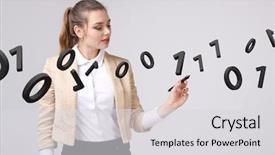  Presentation with code - Beautiful slide set featuring feeding program - woman working with binary code backdrop and a  colored foreground