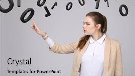  Presentation with code - Presentation design with feeding program - woman working with binary code background and a light gray colored foreground