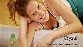  Presentation with benefits of drinking water - Slide set featuring feel good - young blonde woman drinking water background and a coral colored foreground