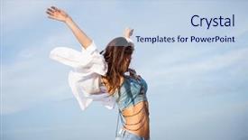  Presentation with jeans - Cool new presentation theme with feel good - young carefree woman with hands backdrop and a sky blue colored foreground