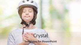  Presentation with hands down - Colorful PPT theme enhanced with feeling secure - young adult cyclist woman backdrop and a soft green colored foreground
