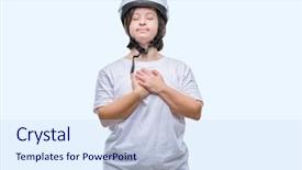  Presentation with hands down - Presentation theme having feeling secure - young adult cyclist woman background and a sky blue colored foreground