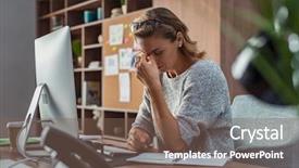  Presentation with woman office desk - Slide deck consisting of feelings - exhausted businesswoman having a headache background and a violet colored foreground