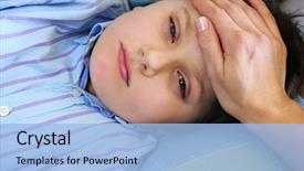  Presentation with sick child - Theme having children feelings - mother's hand feeling the forehead background and a light blue colored foreground