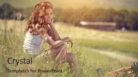  Presentation with summer time - Slide set consisting of feelings free - beautiful smiling girl sitting next background and a coral colored foreground