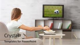  Presentation with football - Theme featuring pretty teenager watching football match background and a coral colored foreground