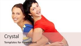  Presentation with women - PPT theme having fem - happy beautiful young women laughing background and a coral colored foreground