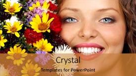  Presentation with bunch - Slide deck having fem - happy young smiling woman background and a gold colored foreground