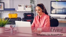  Presentation with laptop wireless - Presentation theme featuring female-advertising-marketing-or-design background and a coral colored foreground