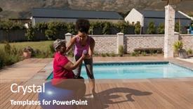  Presentation with pool side - Colorful PPT layouts enhanced with female african american trainer training backdrop and a coral colored foreground